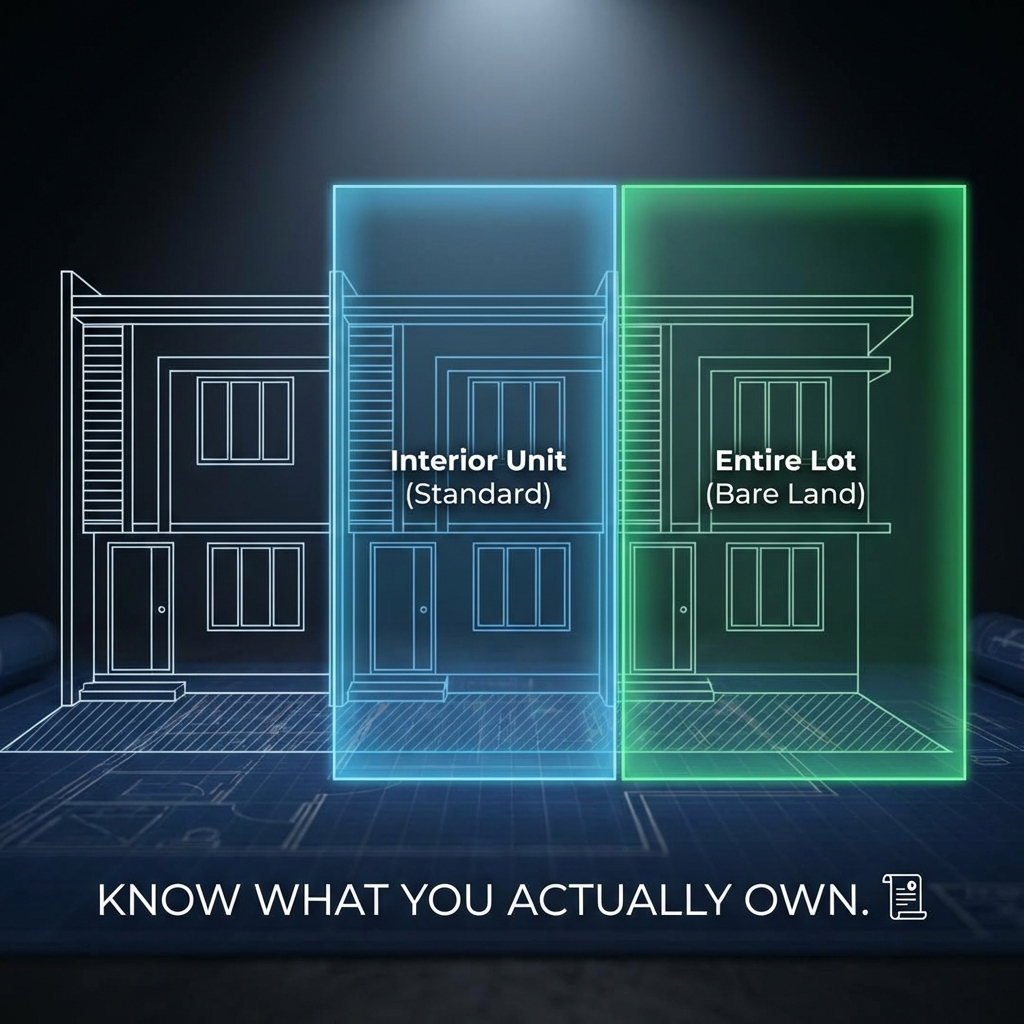 A high-contrast architectural diagram of a townhouse row. A glowing blue box highlights the "Interior Unit" (Standard) vs. a glowing green box highlighting the "Entire Lot" (Bare Land)