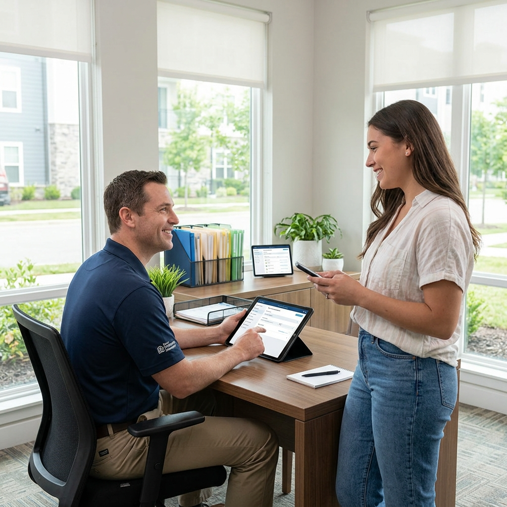 Streamlined property maintenance requests, a modern workflow with satisfied residents, bright and organized, high-quality photo.