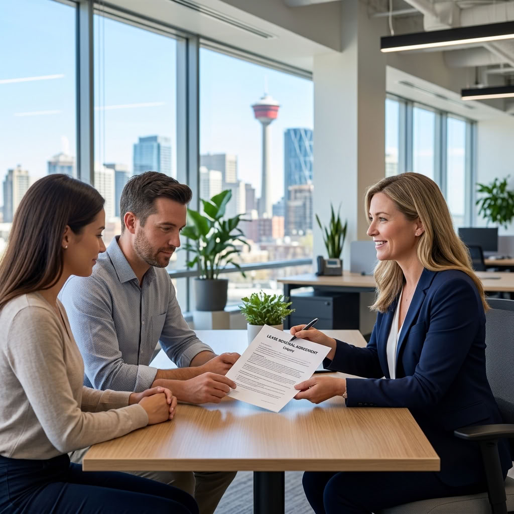 Calgary landlord reviewing a lease renewal agreement with a tenant